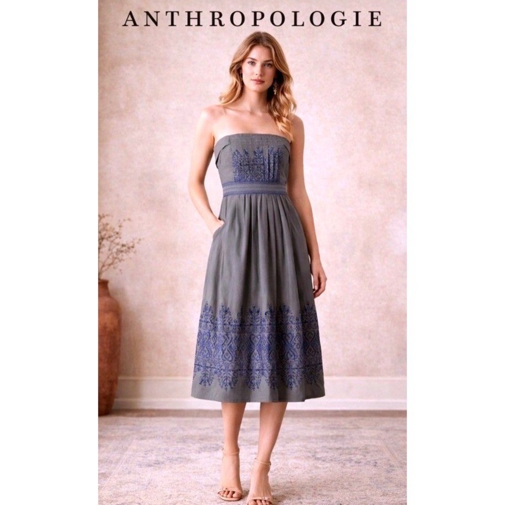 Anthropologie Floreat Embroidered Strapless Midi Dress Gray Blue Size 4